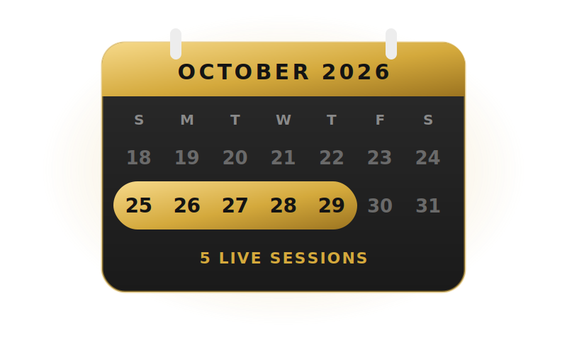 October 2026 calendar highlighting October 25–29, five live sessions at 7 PM Eastern
