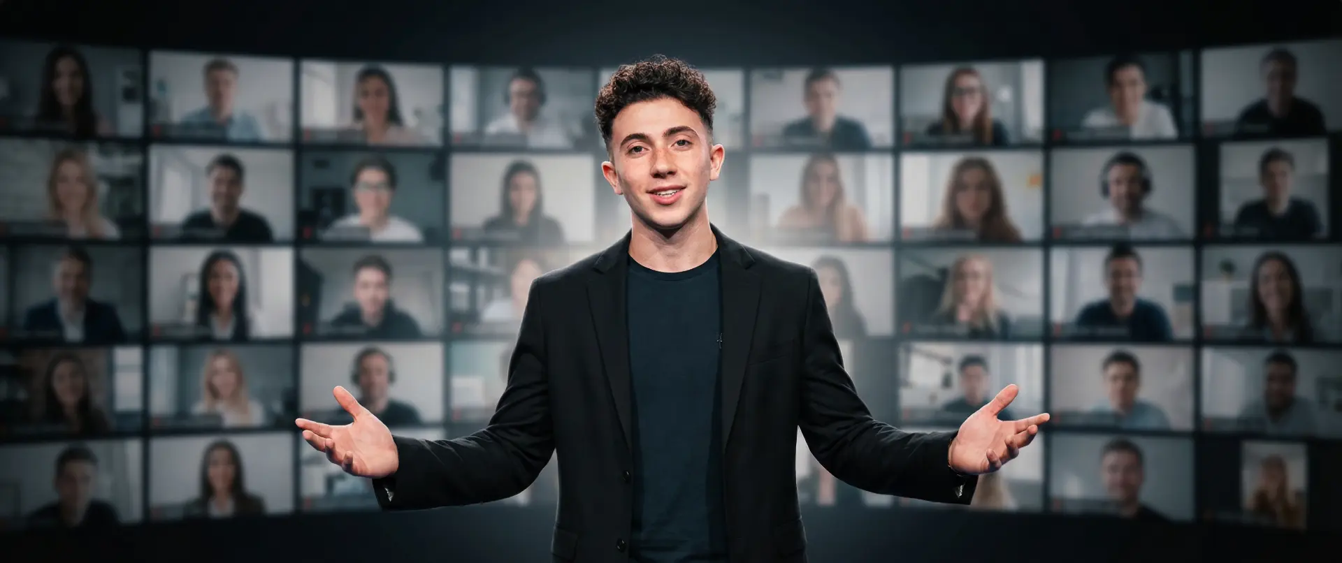 PB, host of The People vs Wall Street, presenting in front of a wall of live video feeds